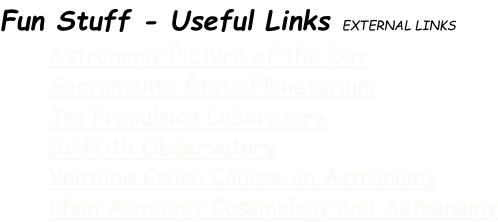 Fun Stuff - Useful Links EXTERNAL LINKS Astronomy Picture of the Day Sacramento State Planetarium Jet Propulsion Laboratory Griffith Observatory Youtube Crash Course on Astronomy Khan Academy Cossmology and Astronomy